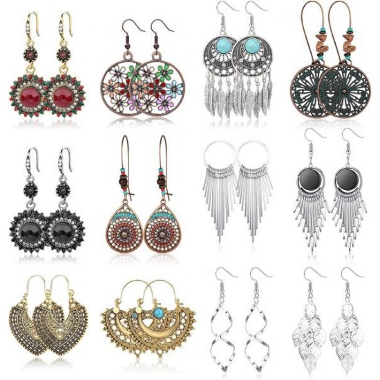 12 Pairs Bohemian Vintage Drop Dangle Earrings For Women Statement Tassel Boho Earring Set Christmas Jewelry